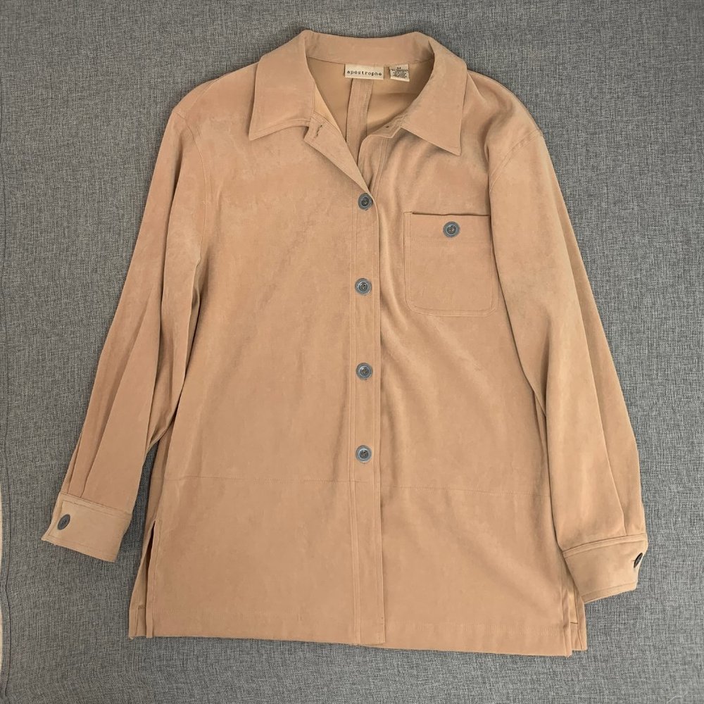 Apostrophe Suede Tan Button Down Blouse Long Sleeve Collared Medium